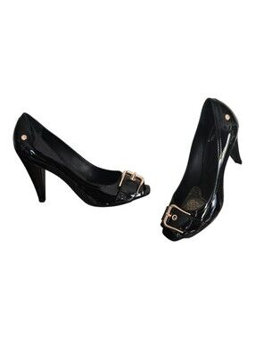Like New J Vincent Black Patent Peep-Toe Heels with Gold Buckle 7.5